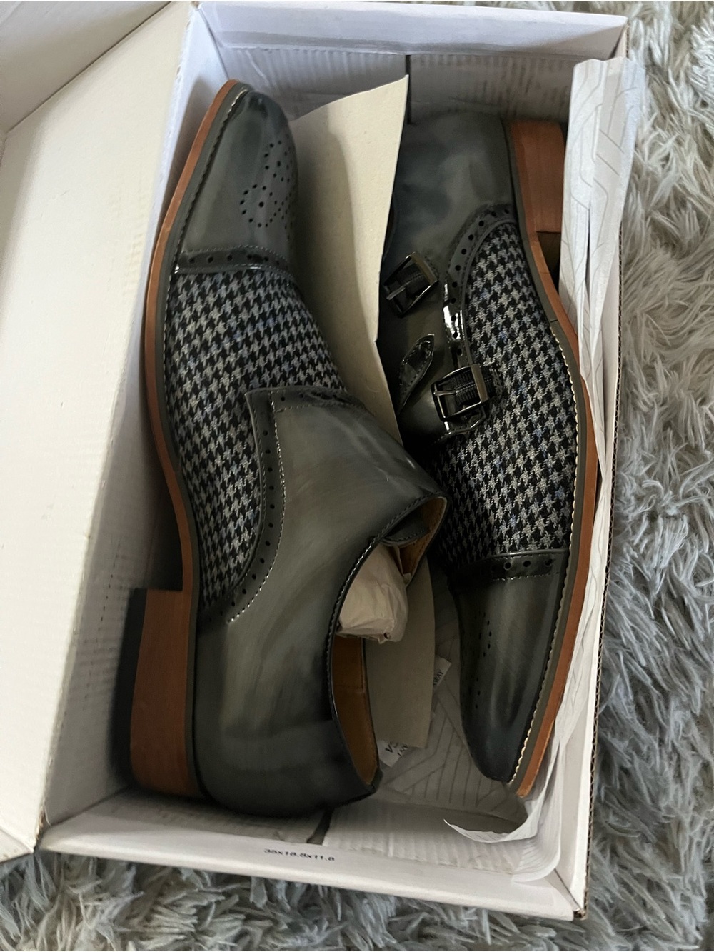 Men's Gray Houndstooth Double Monk Strap Oxfords with Leather Trim